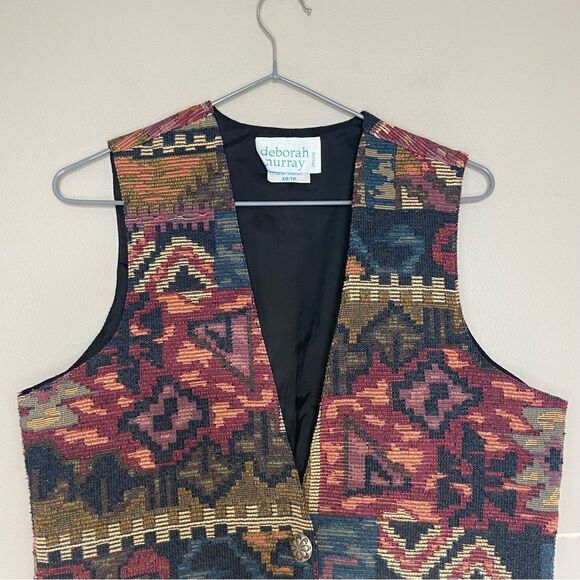 Vintage | Deborah Murray Multicolour Tapestry V-Neck Quilted Vest Size XS - Picture 2 of 6